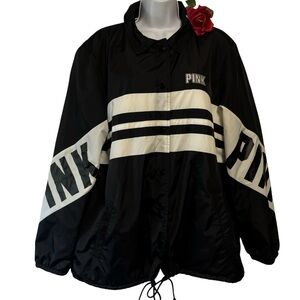 PINK Victoria’s Secret Sherpa LG Jacket Black White Spell Out Emb EUC